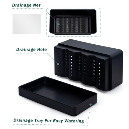 D'vine Dev 12" x 6.5" Window Box Planter, Rectangular Plastic Herb Planter with Drainage Holes & Saucer, Succulent, Cactus & Vegetable Pot for Windowsills/Balconies, Black, Set of 2, 76-P-B-2