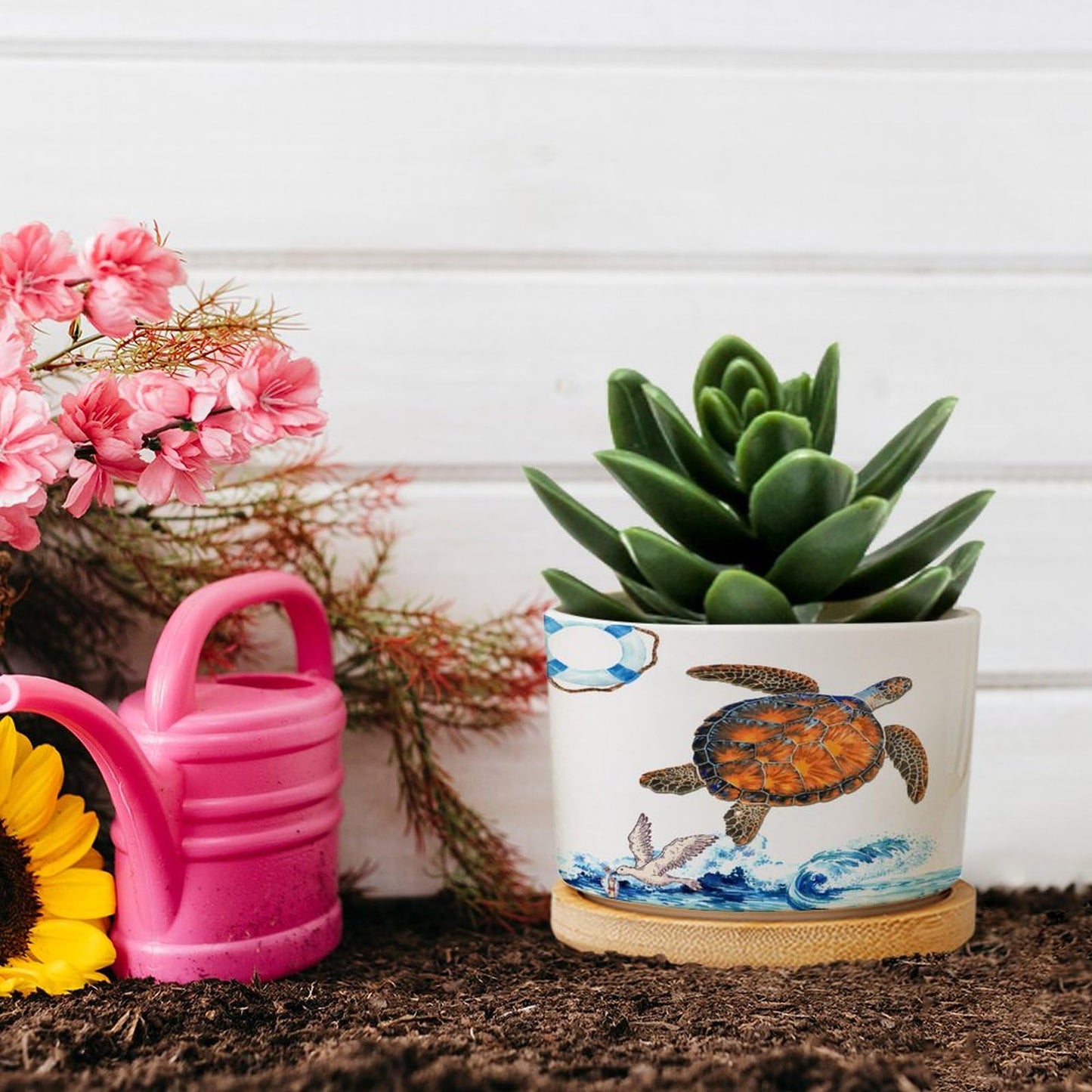 DreamAutumn Ocean Theme Sea Turtle Ceramic Pots for Plants with Drainage Holes Round Flower Pot Bamboo Tray Orchid Pot Succulents Pots for Outdoor Indoor Plants,Housewarming Gifts