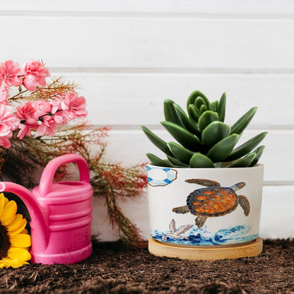 DreamAutumn Ocean Theme Sea Turtle Ceramic Pots for Plants with Drainage Holes Round Flower Pot Bamboo Tray Orchid Pot Succulents Pots for Outdoor Indoor Plants,Housewarming Gifts