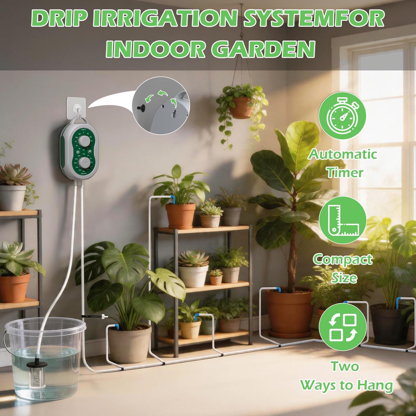 Automatic Drip Irrigation System for Garden with USB & Timer, 50FT Plant Watering Devices for 15 Pots, IP65 Waterproof 2200mAh Watering System for Indoor Outdoor Lawn Farm Greenhouse Balcony Patio