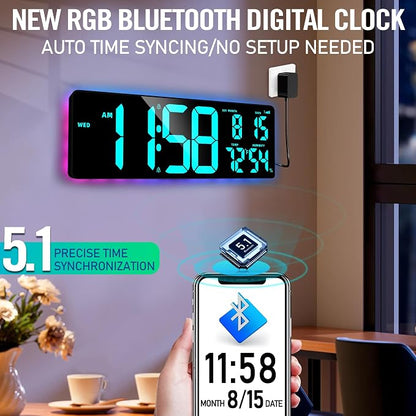 TXL 17.2'' Bluetooth Large Digital Wall Clock, LED Large Display Timer with RGB Ambient Lights,Temperature/Humidity, Remote Control, Adjustable Brightness for Home, Office, Classroom