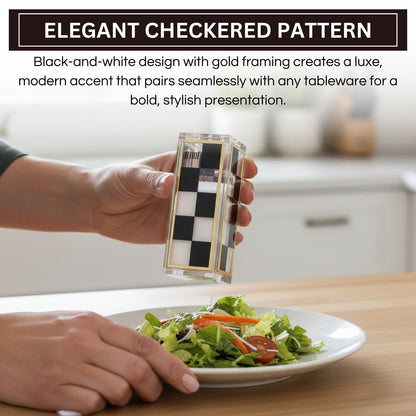 Black and White Checkered Salt and Pepper Shakers Set - Luxurious Lucite Acrylic Square Design - Modern 2.4" x 3.5" Refillable Dispensers - Elegant Kitchen Decor, Dining Table Unique Housewarming Gift
