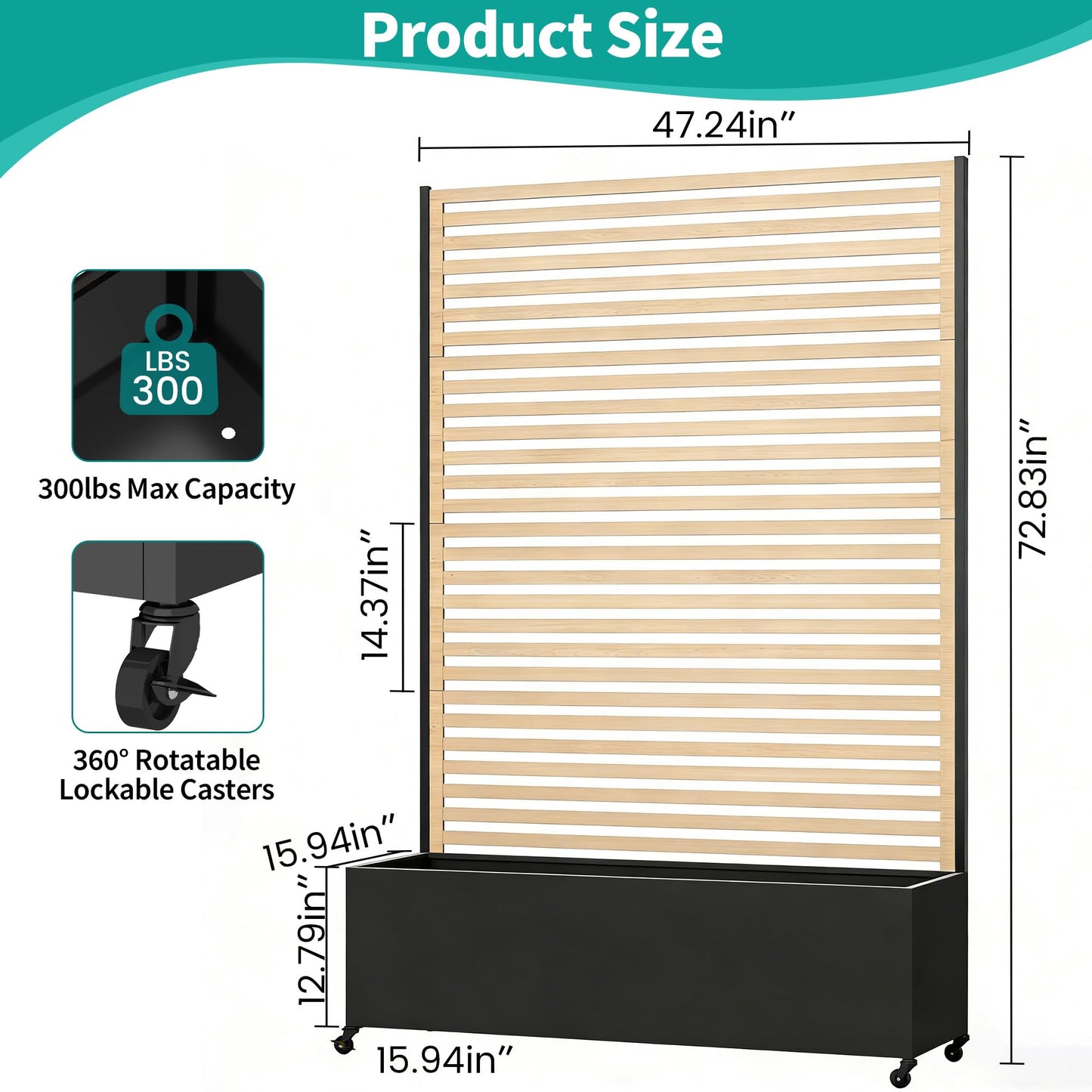 Metal Planter Box with Trellis Privacy Screen, Raised Garden Bed with Trellis & Wheels, Privacy Planters for Patio, Planter Box with Drainage Holes for Climbing Plants, Flower, 73"x 47"x 16", Wood