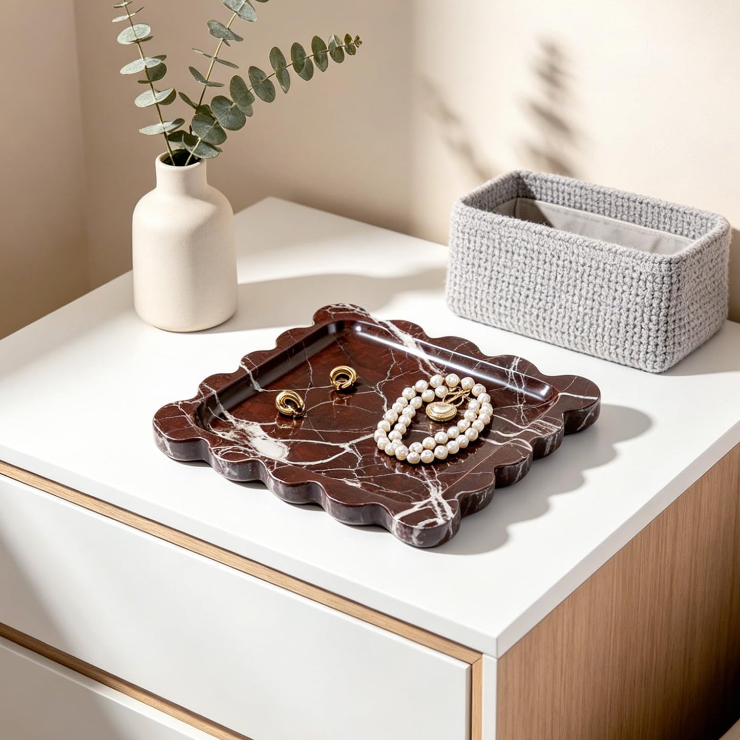 Karibiber Natural Marble Tray, 8in Red Small Scalloped Tray, Decorative Trinket Dish, Premium Square Bathroom Vanity Tray for Earrings Rings Necklaces, Unique Stone Jewelry Dish Gift