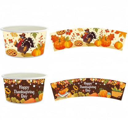 YVAINE 24pcs Thanksgiving Party Treat Snack Cups, Happy Thanksgiving Day Party Disposable Dessert Ice Cream Bowls Turkey Pumpkin Paper Dessert Soup Cup for give Thanks Party Supplies