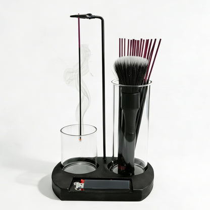 Incense Holder for Sticks 3 in 1 Glass Incense Burner with Lighter Holder and Ash Catcher Upside Down Anti-Ash Stick Holder with Storage Modern Zen Decor for Yoga Meditation Brush [Black]