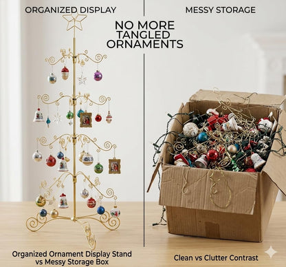 HOHIYA 3 Ft Wrought Iron Ornament Display Stand with 56 Hooks Metal Christmas Tree Alternative for Ornaments Halloween and Year-Round Decor Tabletop Rack Brass Gold