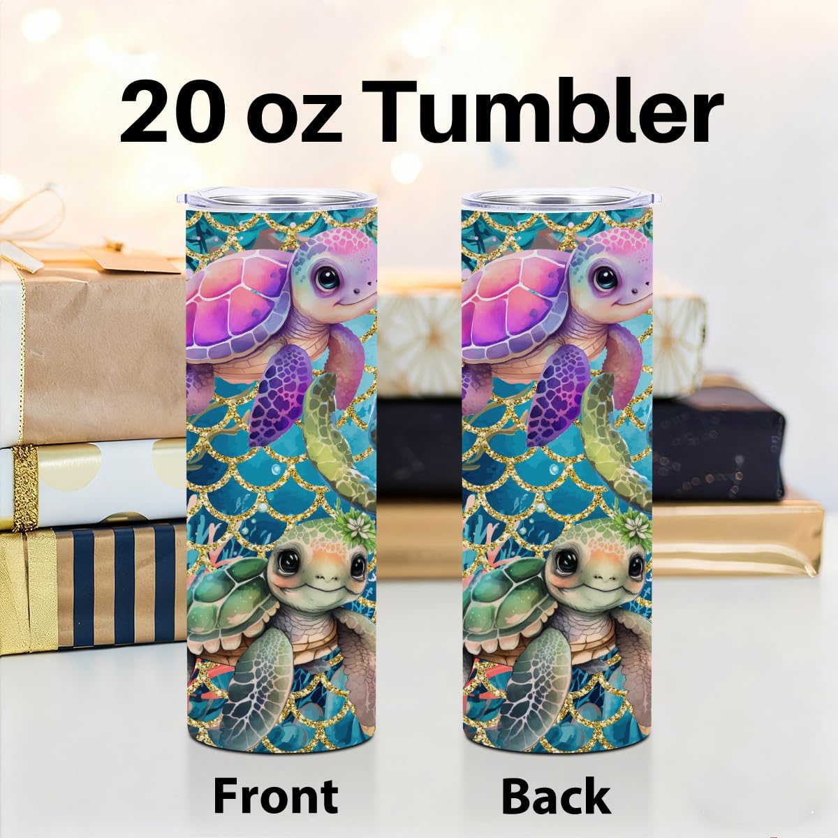 Cute Sea Turtle Decor Tumbler, 20 oz Tumbler, Insulated Coffee Mug, Stainless Steel Thermal Cup with Lid, Vacuum Travel Cup, Friendship Christmas Birthday Sea Turtle Gifts for Women Men Girls Boys