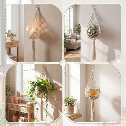 Junkin 1 Set Handmade Macrame Plant Hanger with Plastic Bowl Fish Tank, Cotton Rope Hanging Planter Basket for Indoor Outdoor Wall Decor, Boho Style, No Plant Included