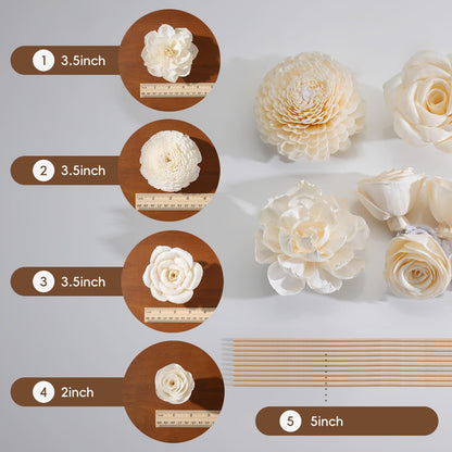 Flower Reed Diffuser Sola Wood Flowers Natural Material Aromatherapy Reed Decorative Aromatherapy Flower Refill Diffuser Reeds, 7Pcs Flower, 7Pcs Rope, 8 Pcs Diffuser Rattan (2-3.5 Inches, White)