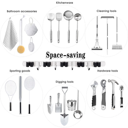 AceMining 5 Racks and 4 Hooks Mop and Broom Holder Wall Mount, Broom Organizer Storage Tool Racks Stainless Steel Heavy Duty Hooks Self Adhesive Solid Non-slip for Home Kitchen Garden Laundry Garage
