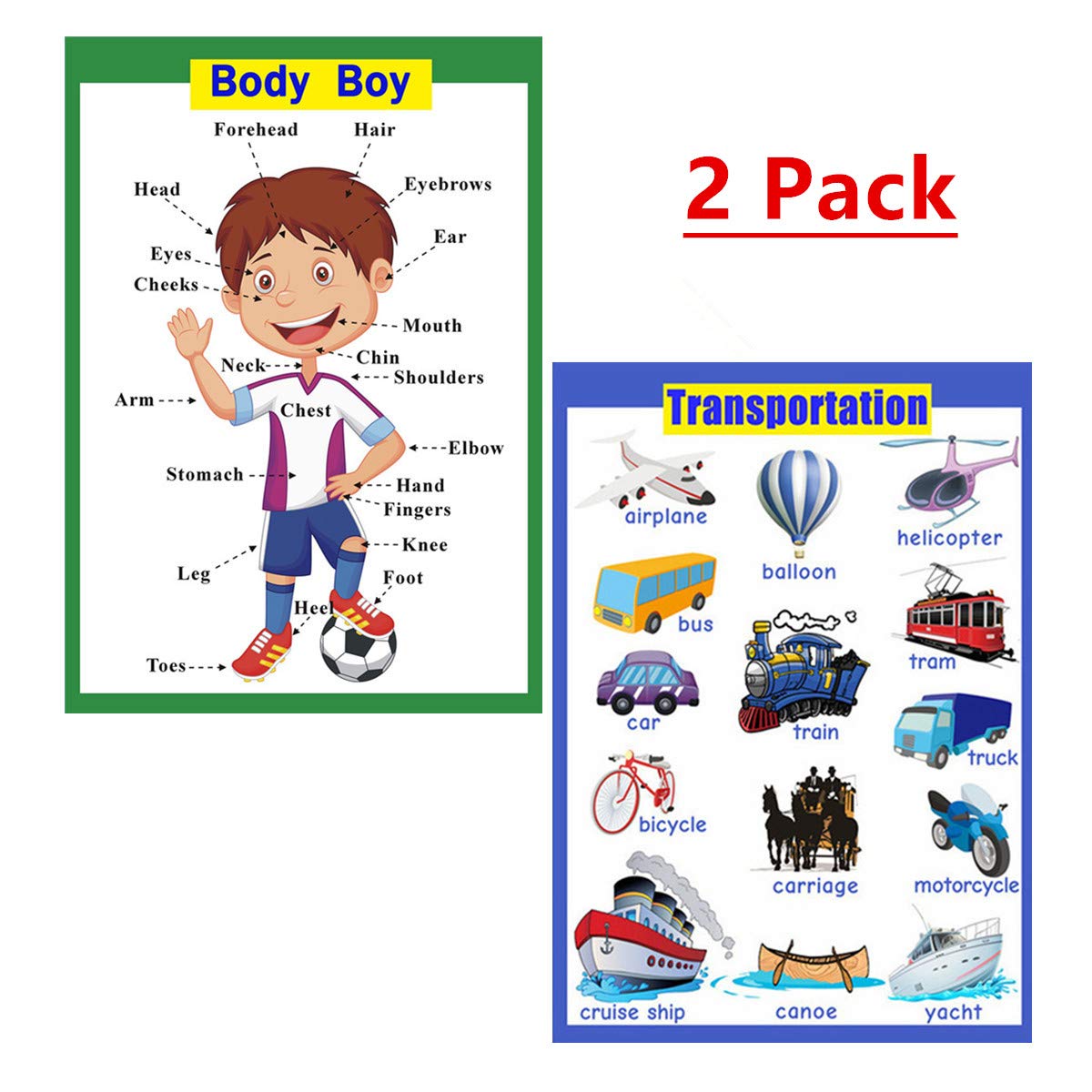 SANTSUN 2 Pcs of Set Educational Preschool Poster for Toddlers and Kids|Great for Nursery Homeschool Kind Classroom decorations|School Wall Decor- Transportation,Body Parts (17x24in)