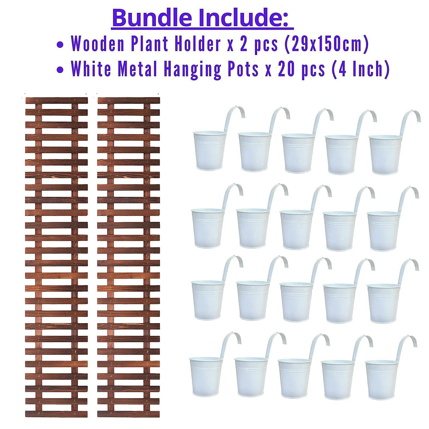 ShopLaLa Bundle - 4 Inch Metal Pots + 2 Wooden Plants Holders, Great Value Pack to Create Vertical Garden, Herb Planters, Green Wall, Vertical Planters