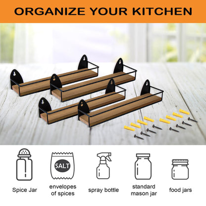 TJ.MOREE 4 Pack Spice Rack Wall Mounted Rustic Style Hanging Spice Organizer for Wall, Kitchen Spice Storage, Black