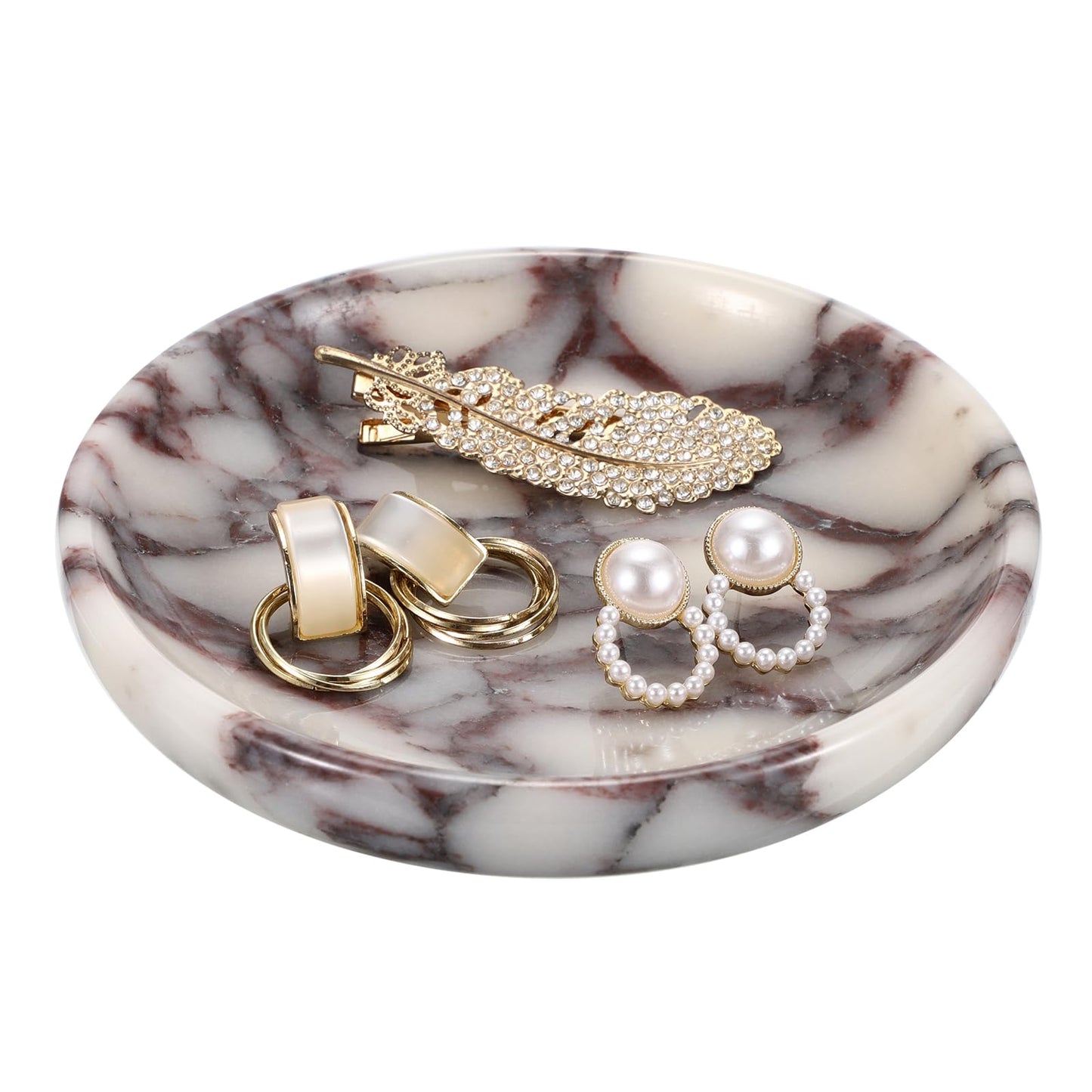 GUSHBIN Small Round Key Bowl for Entryway Table - 5.5" Natural Marble Jewelry Dish Tray Decorative Key Plate Holder Catch All Bowl for Earring Necklace Ring Holder for Bathroom
