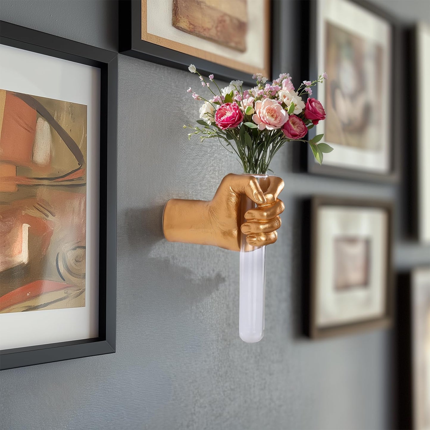 XYQXYQ Gold Wall Sculptures, Hand Vases Home Decor, Wall Mount Art Sculpture, Unique Wall Art Statue, Funky Flower Vase Decorations, Modern Eclectic Hanging Decor,Glass Test Tube Vase
