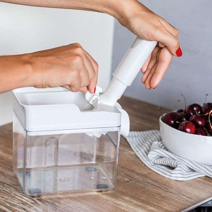 Leifheit Cherry Stoner Remover – Stainless Steel Plunger Pits 25 Lbs/Hour, Easy-Clean Container, Dishwasher Safe, Ideal for Pies, Canning, Snacking, German Design, Replacement Parts – White