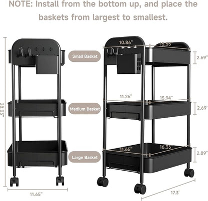 Heavy-Duty Rolling Cart 3 Tier Metal Utility Storage Cart with Casters, Hanging Cups, Hooks, Book Snack Craft Mesh Rolling Storage Organizer for Kitchen Office