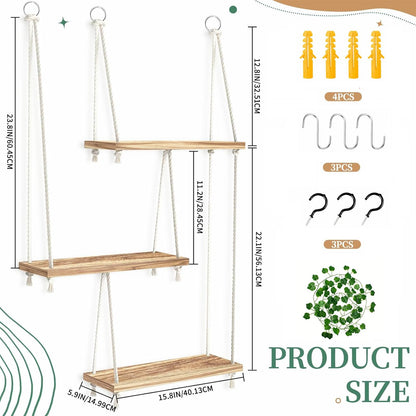 CMXZSAM Window Plant Shelves 3-Tier Boho Window Sill Plant Shelf Indoor Hanging Wood Window Plant Hanger for Plants Herb Garden, Flower, Succulents, Micro Greens, Seedling Pots Display Stand