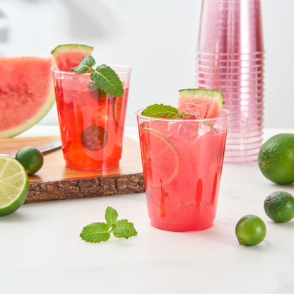 Restaurantware Glitter Cups 10 oz Pack of 20 Pink Glitter Plastic Cups Fancy Drink Tumblers Disposable, Durable Plastic Glasses Cold Food-Friendly Tumblers for Cocktails Punch at Parties
