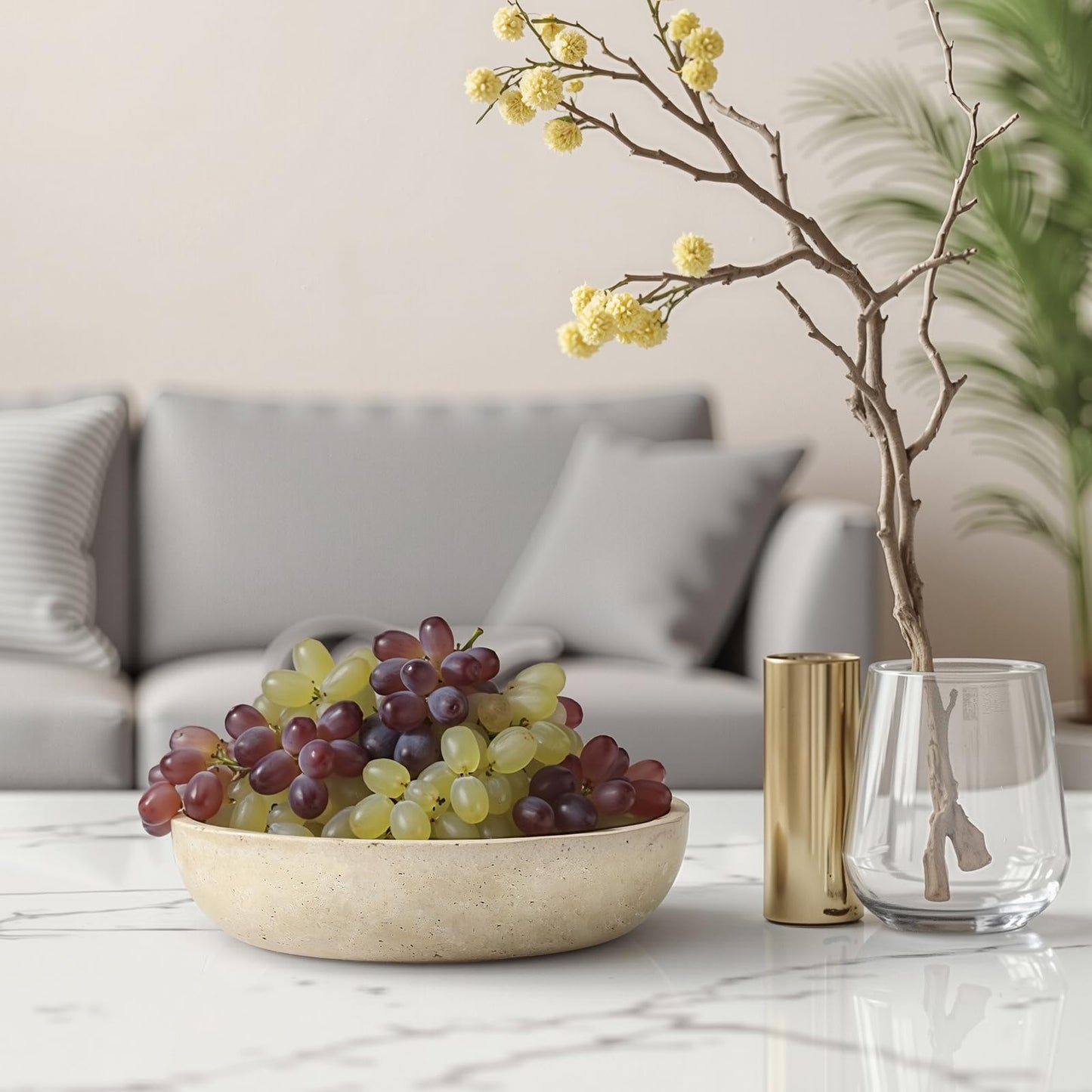 Dendrovia Marble Bowl Decorative, 7.8’’ Entryway Travertine Bowl For Keys Fruit Candy Jewelry, Natural Stone Bowls for Entry Table, Organic Modern Home Decor for Centerpieces, Beige