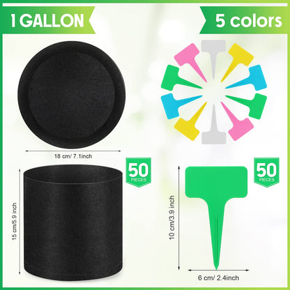 Nuanchu 50 Packs Grow Bags Small Aeration Fabric Pots Nonwoven Garden Bags Grow Pots Planter with 50 Pcs Plant Labels for Indoor Outdoor Plant Flower Planting Vegetable Growing (1 Gallon)