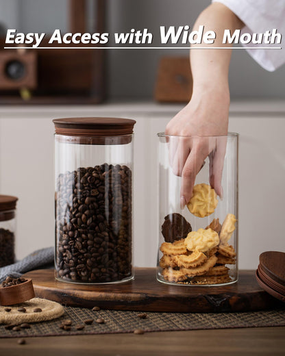 BOILMERIT 37 oz Coffee Canister with Scoop and Wooden Lids, Airtight Storage Container Sets of 2 for Ground Coffee & Beans, Glass Jars for Coffee Bar Organizer, Kitchen Countertop