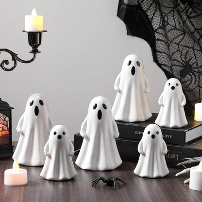 Leinuosen 6 Pcs Halloween Ghost Figurines 3 Large (5.12") & 3 Small (3.54") White Ceramic Ghost Decor Cute Ceramic Halloween Ornaments for Tabletop, Mantel, Tiered Tray & Shelf Decor