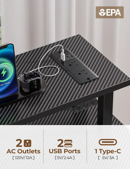 Rolanstar Computer Desk with Power Outlets & LED Light, 47 inch Home Office Desk with 3 Drawers and Storage Shelves, Writing Desk with Monitor Stand, Modern Work Desk for Home Office, Carbon Black