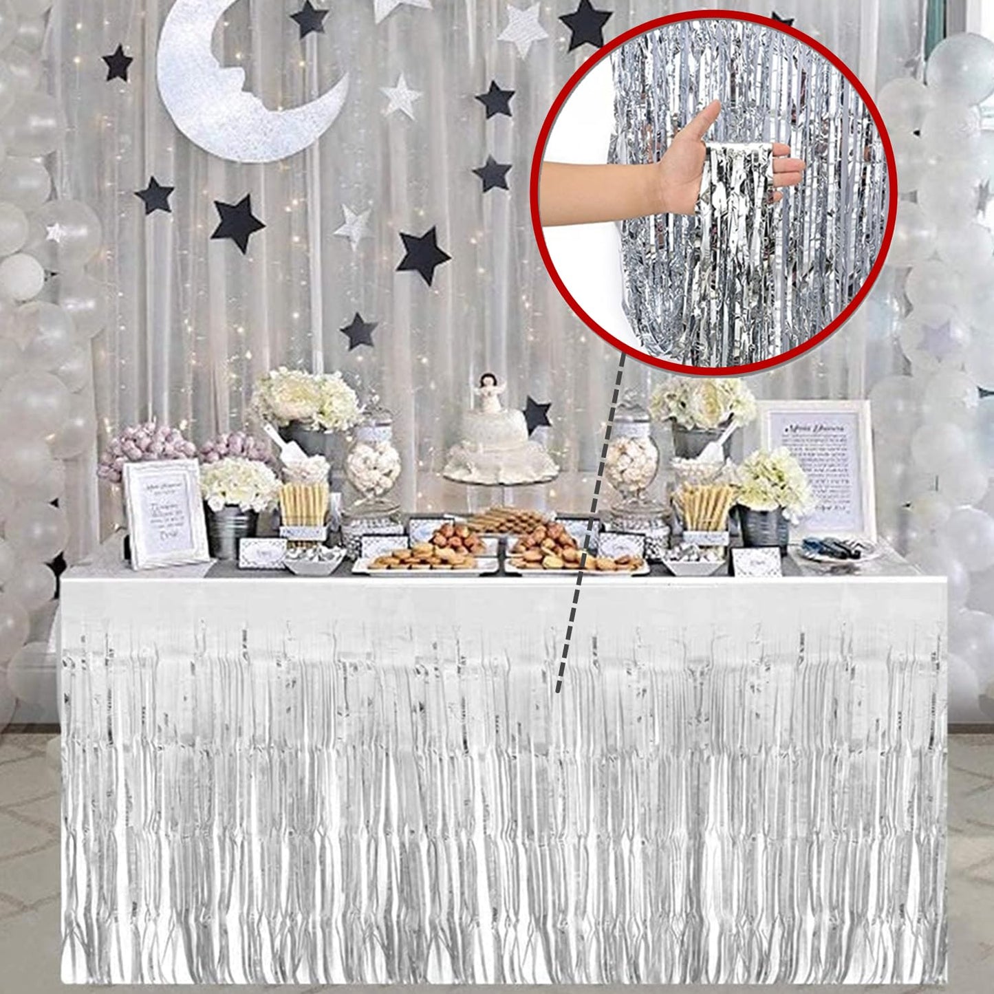 6 Pack Metallic Foil Fringe Tinsel Table Skirt, antfees 29.5''x108'' Disposable Party Table Skirt Banner for Rectangle Tables, Wedding, Birthday, Parade Floats, Party Decoration (Silver)