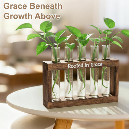 Rooted in Grace Plant Propagation Station – Wooden Stand with 5 Glass Vases, Faith-Inspired Christian Gift for Women, Indoor Plant Cutting Holder for Home, Office, Garden and Housewarming Décor