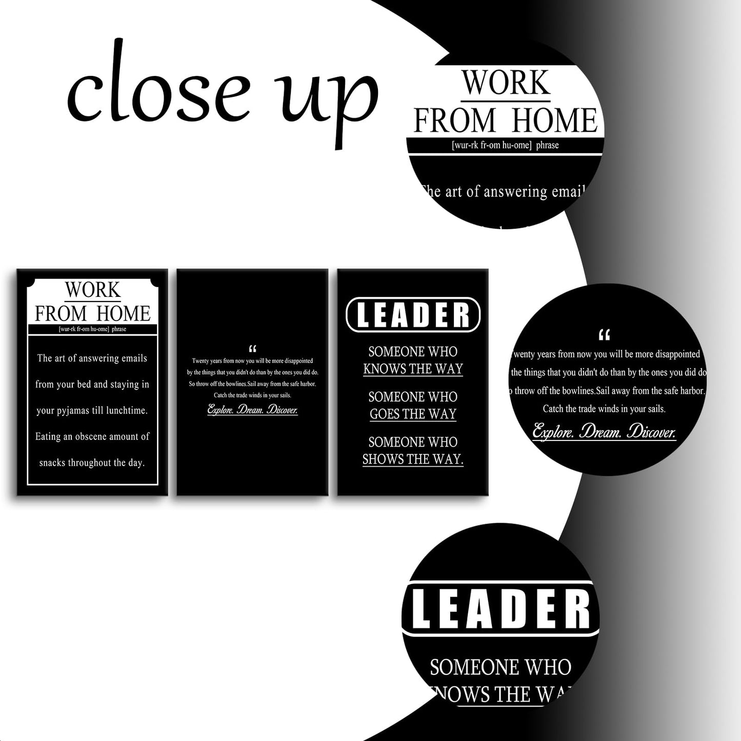 YSPCSUN Triptych Wall Decor Inspirational Posters for Office, Black White Work from Home Leader Quote 3 Panel Canvas Prints for Home Office Dorm Workspace, 48x24 Inch Display