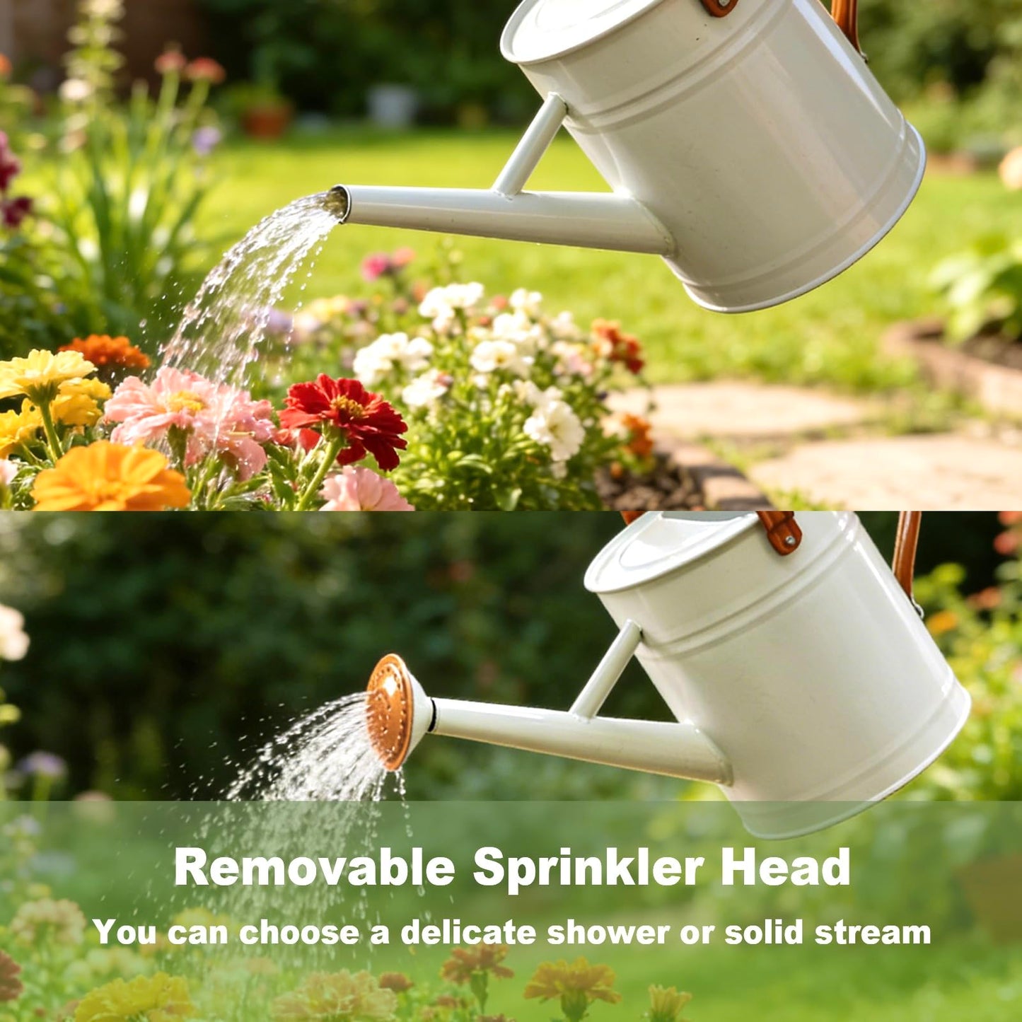Watering Can for Outdoor&Indoor Plants，1 Gallon Metal Watering Can with with Removable Spout，Galvanized Steel Garden Flower Water Can Plant Watering Pot with 2 Handles，White