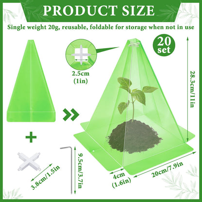 20 Pack Garden Cloches for Plants, Green Reusable Bell Plant Cover, Plastic Small Plant Seedling Protector with 40pcs Metal Stakes, Mini Greenhouse Against Sun, Frost, Snails, Birds, 7.8" x 11"