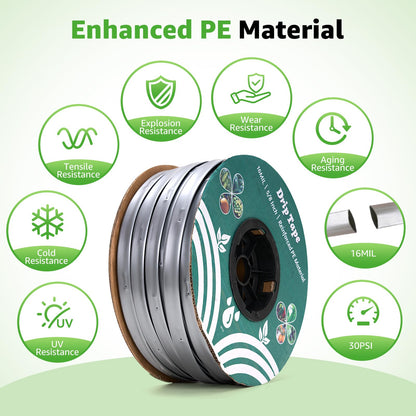 500FT 5/8" Drip Tape Irrigation, 16 Mil Heavy Duty with 6" Emitter Spacing, Silver Reflective Drip Tape Resistant to Pecking & Biting, Heat-Safe for Seedlings, Ideal for Garden Farm Greenhouse Patio