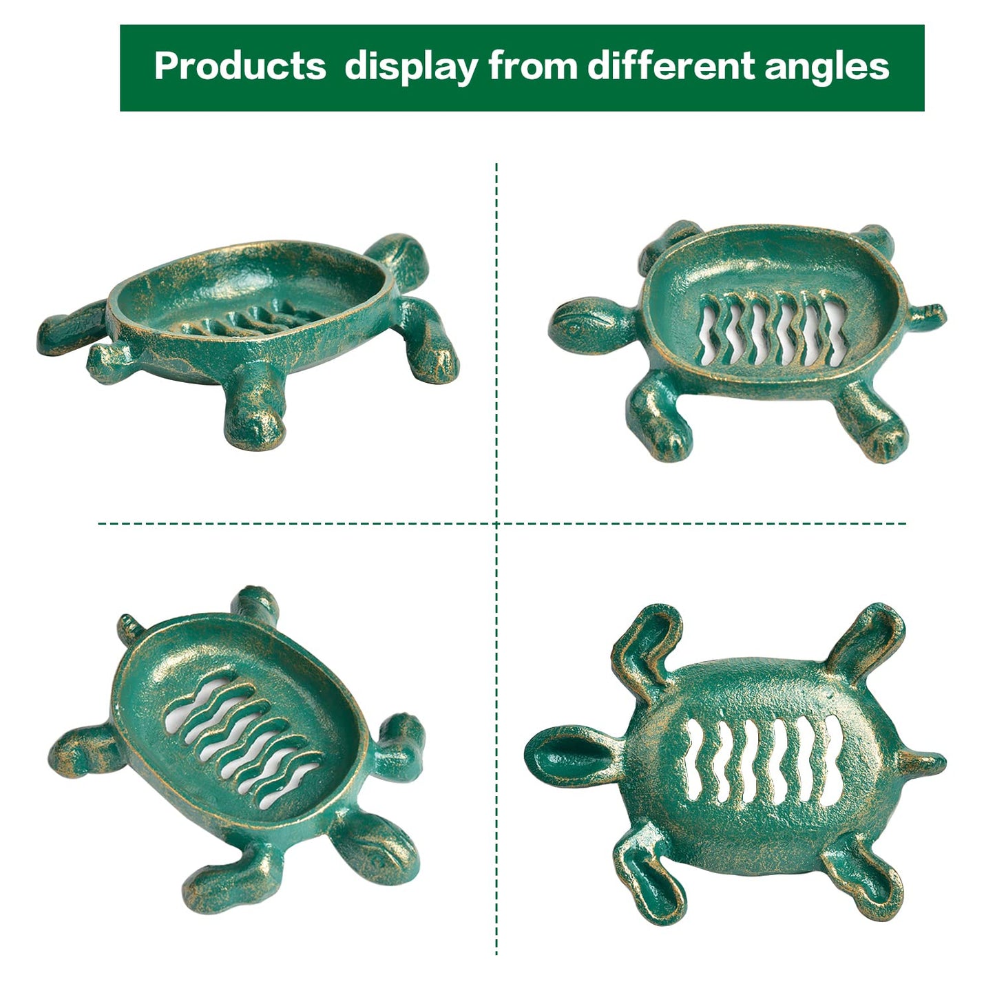 Sungmor Heavy Duty Cast Iron Drainable Soap Holder - Lovely Tortoise Shaped & Antique Green & Gold Finish - Kitchen Bathroom Sink Soap Dish Tray - Practical & Decorative Tabletop Soap Box Container
