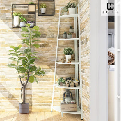 CAPHAUS Tall Corner Shelf Stand, 6-Tier Display Shelves, Ladder Corner Wood Storage Plant Bookshelf with Metal Frame, Versatile Shelving Unit Bookcase for Home Office Space, White