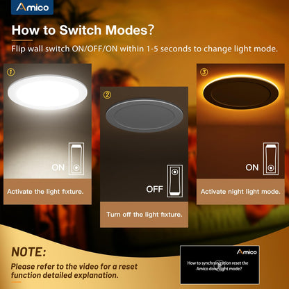 Amico 12 Pack 6 Inch 5CCT LED Recessed Ceiling Light with Night Light, 2700K/3000K/3500K/4000K/5000K Selectable Ultra-Thin Lighting, 12W=110W, 1100LM, Dimmable Canless Wafer Downlight ETL&FCC