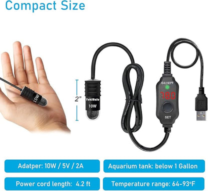 YukiHalu USB Powered Aquarium Heater, 10W Adjustable Mini Fish Tank Heater with External Temperature Controller, LED Display, Used for 0.5-1 Gallon Tank (10W USB)
