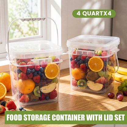 LemonRoad 4 Pcs Clear Square Bucket with Lid 1 Gallon Graduated Pail Container Food Grade Buckets for Cleaning Plastic Pails with Grip Handles for Kitchen Meal Prep Snack Rice Flour Pet Food, 4 Qt