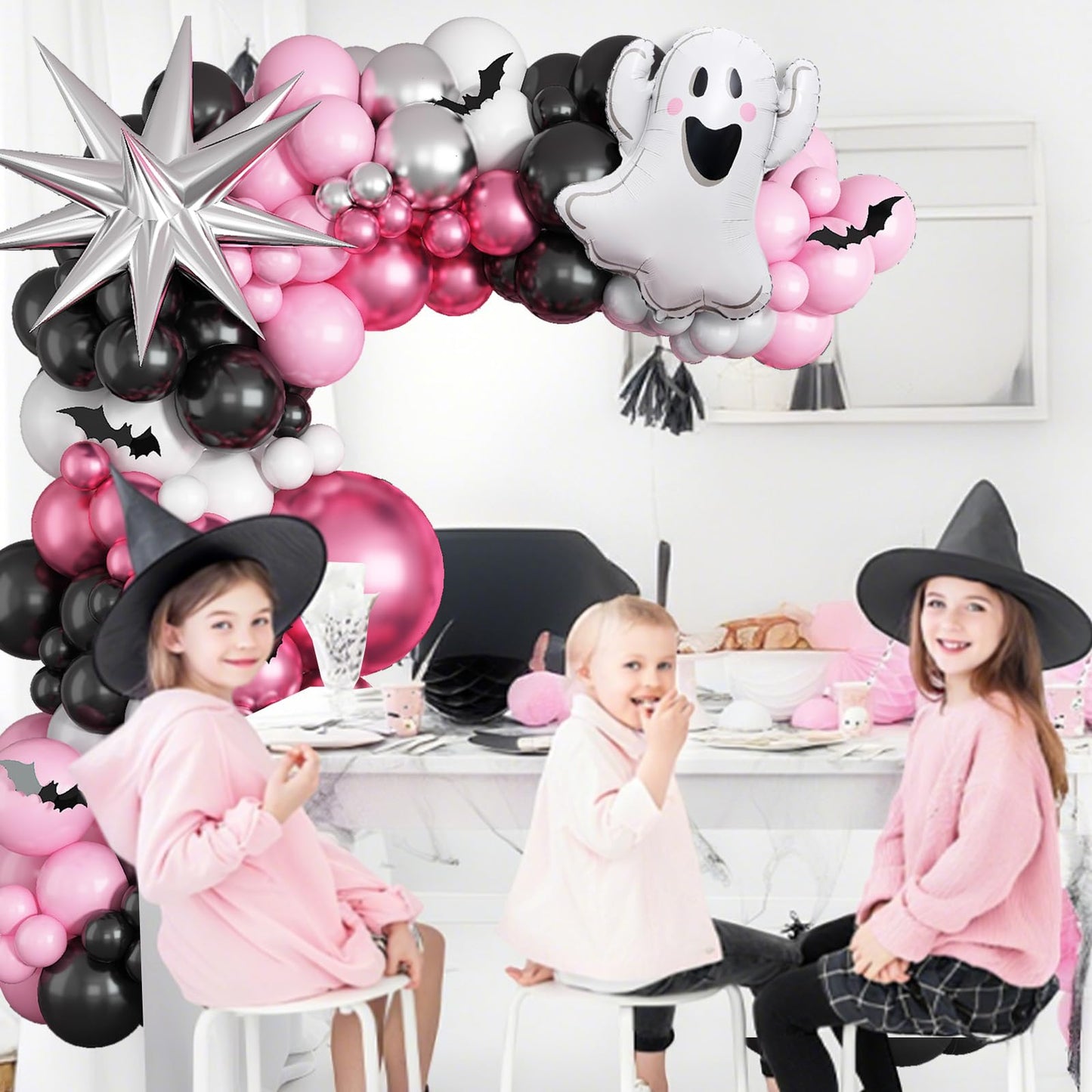Froova Halloween Balloon Arch Kit, 131 Pcs Pink Black Silver Balloon Garland with 3D Bat Stickers Ghost Star Balloons for Girls Halloween Baby Shower Spooky Birthday Party Decorations