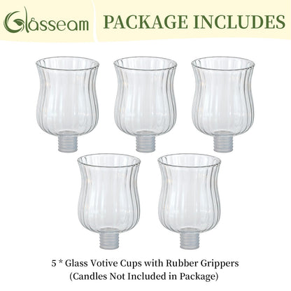 Glasseam Glass Votive Cups with Pegs: Set of 5 Shabbat Votive Candle Holders Bulk with Rubber Grippers Ribbed Glass Clear Candle Cups for Candlestick Holders Shabbos Party Centerpiece Decoration