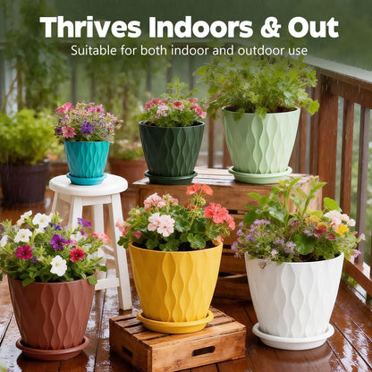 KEETUMOOD Plant Pots, Self Watering Planters with Drainage Holes and Trays, Flower Pots for Indoor Outdoor - 6 Pack(4/5/6/6.5/7/8 Inch) (Colorful)