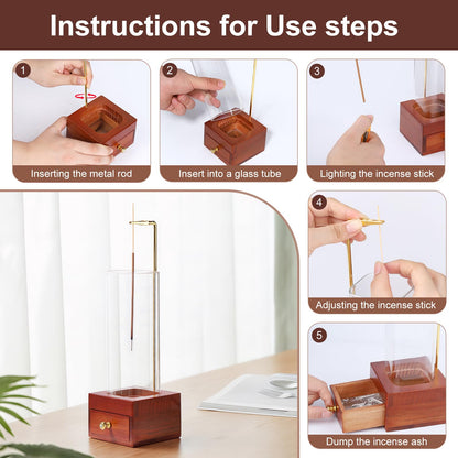 LIGOFLORA Brown Wooden Incense Holder with Easy-Clean Ash Catcher Drawer, Vertical Incense Burner with Windproof Glass Tube & Stainless Steel Base for Meditation, Includes 20 Sticks