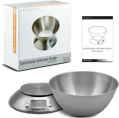 Etekcity Food Kitchen Scale with Bowl, Digital Weight Scale for Food Ounces and Grams, Cooking and Baking, Timer, and Temperature Sensor, 2.06 QT, Stainless Steel