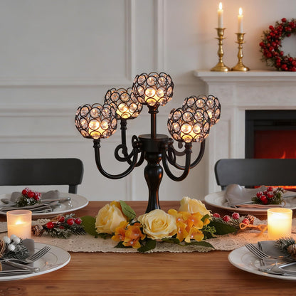 5 Arm Metal Crystal Candelabra Centerpiece - 13.4 Inch Elegant Candle Holder with Crystal Beads for Wedding Party Christmas Home Dining Table Decoration (2, Black)