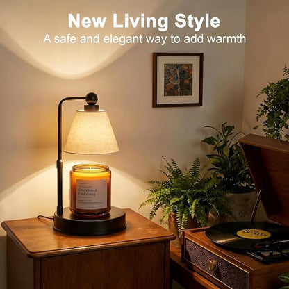 Candle Warmer Lamp with Timer, Dimmable, Adjustable Height, Modern Farmhouse Linen Shade, Black Candle Warming Lamp for Up to 6-Inch Jar Candles, 2 Bulbs Included