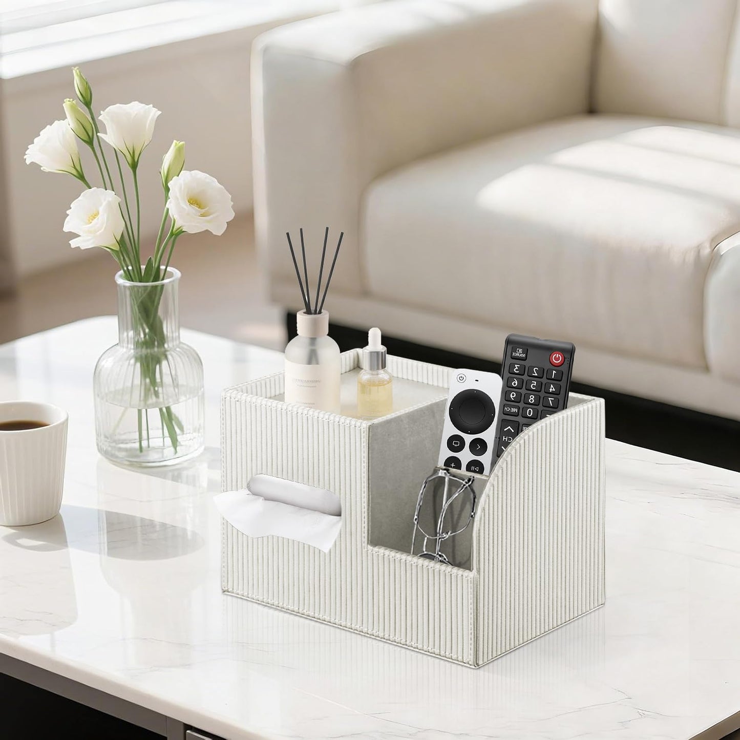 Fanousy Modern PU Leather Cube Tissue Box Cover with Storage Tray, Multifunctional Remote Control Holder & Facial Tissue Dispenser Organizer for Nightstand, Bathroom, Bedroom, Office & Home Decor