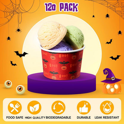 Newtay 120 Pcs Halloween Snack Cups 9 oz Ice Cream Bowls Pumpkin Ghost Bat Treat Paper Disposable Cups Dessert Soup Bowls for Hot or Cold Food Sundae Yogurt Halloween Party Supplies