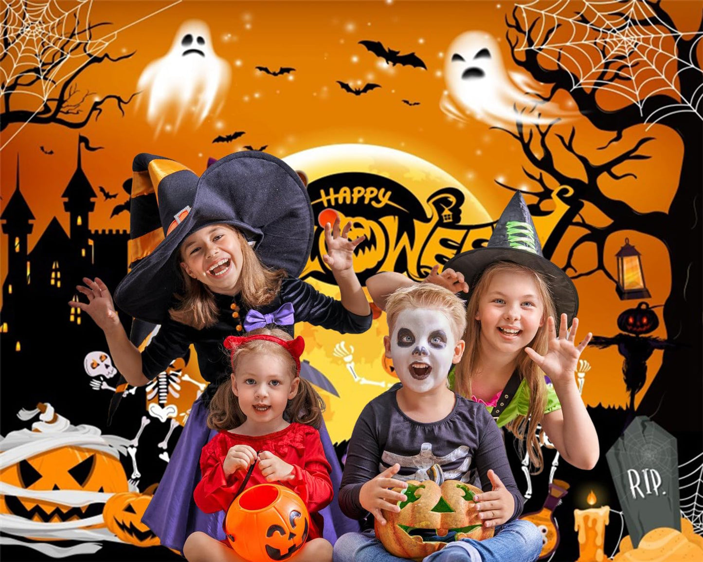 Halloween Backdrop 10x8ft Orange Happy Halloween Banner Decorations Moon Scary Castle Ghost Pumpkin Lantern Backdrops Large Halloween Background for Photobooth Props
